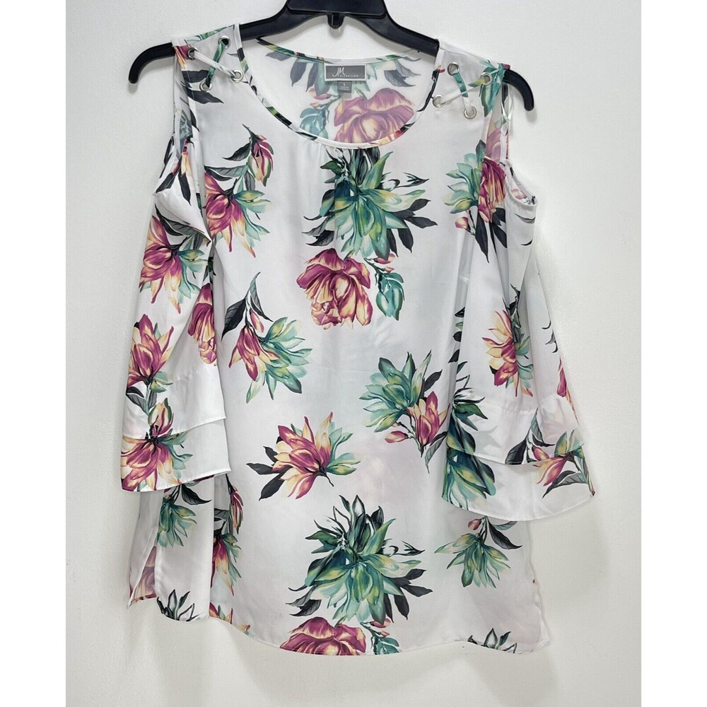 JM Collection Women Blouse Sz L Floral Cold Shoulder Flare Sleeve Top Lined